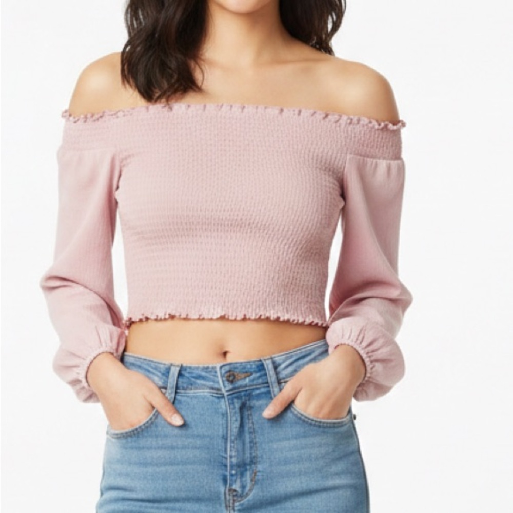 H&M Divided Pink Smocked Long Sleeve‎ Crop Top Women’s Size Small NWT